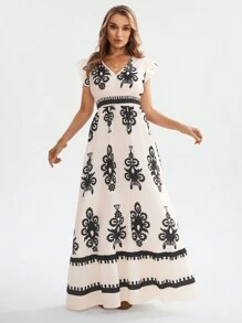 SHEIN LUNE Shirred Ruffle Trim Cap Sleeve Drawstring Waist A-Line Dress With Placement Print, Casual Holiday Dress For Ladies