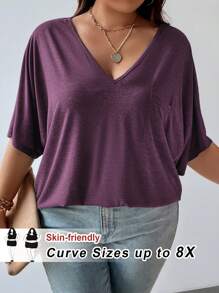 SHEIN CURVE+ 女士加大码简约纯色蝙蝠袖 T 恤，休闲时尚，适合日常穿着 - 紫色 - 查看 3