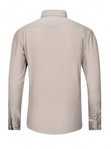 Manfinity Mode Men's Solid Color Patchwork Front Button Long Sleeve Pocket Business Casual Shirt - Khaki - View 2
