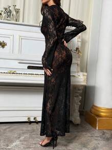 Aloruh 性感黑色深 V 领高开叉长喇叭袖紧身俱乐部连衣裙 - 黑色 - 查看 2