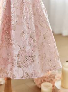 Young Girl Jacquard Weave Ruffle Collar Fitted Casual Dress - Pink - View 6