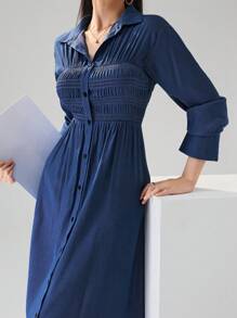 Heiryn Damen Lange Ärmel Lässig Hemd mit Knopfleiste vorne, minimalistisch schickes, einfarbiges retro shirt - Blau - Übersicht 2