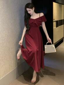 DAZY Women V-Neck Ruffle Trim Midi Dress, Solid Color For Date Night, Valentine's Day, Chinese New Year Elegant Sundress Red Women Dresses Prom Dress Christmas