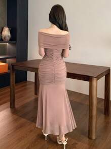 DAZY 女士优雅纯色露肩荷叶边中长连衣裙，春夏舞会礼服优雅，秋季服装长袖连衣裙 - 卡其色 - 查看 2