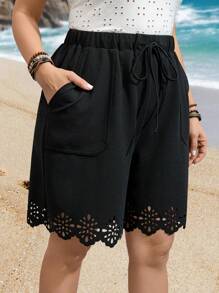 EMERY ROSE Plus Size Solid Color Casual Shorts, Fashionable And Suitable For Daily Wear Spring Outfits For Women - Black - View 5