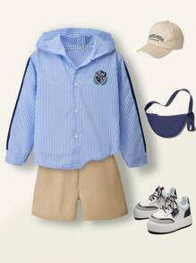 SHEIN Casuvi Kids 2pcs Boys Casual School Blue & White Striped Hoodie Shirt Matching Khaki Shorts Set, Suitable For Spring/Summer School, Playtime And Daily Wear - Multicolor - View 3
