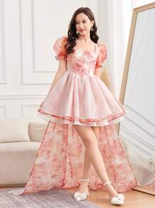 SHEIN Váy tuổi teen màu hồng loang lổ/Tie Dye/Nhiều lớp/Váy bánh/Tay bồng/Cổ tim ngọt ngào/Váy ngắn/Đuôi cực dài/Váy thanh lịch/Váy cổ điển/Váy sinh nhật/Váy công chúa/Váy tuyệt đẹp và dễ thương - Nhiều màu - Xem 4