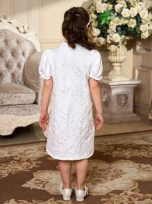 SHEIN Young Girl's Stand Collar, Puff Sleeve, Elegant Jacquard Hanfu