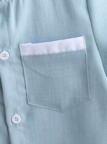 SHEIN Streecool Kids Young Boy Young Boy 纯色立领亚麻混纺休闲短袖衬衫，绅士风格百搭精致日常穿着 - 淺藍色 - 查看 3