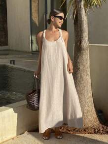 Livesso Women's Solid Color Loose Twist Rope Sleeveless Elegant Vacation Dress, Backless, Summer Sundress,Casual Women Dresses
