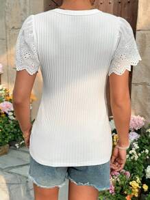 SHEIN Lace Trim, Romantic, Elegant, Casual, Ribbed Solid Maternity T-Shirt - White - View 2