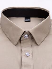 Manfinity Mode Men's Solid Color Patchwork Front Button Long Sleeve Pocket Business Casual Shirt - Khaki - View 5