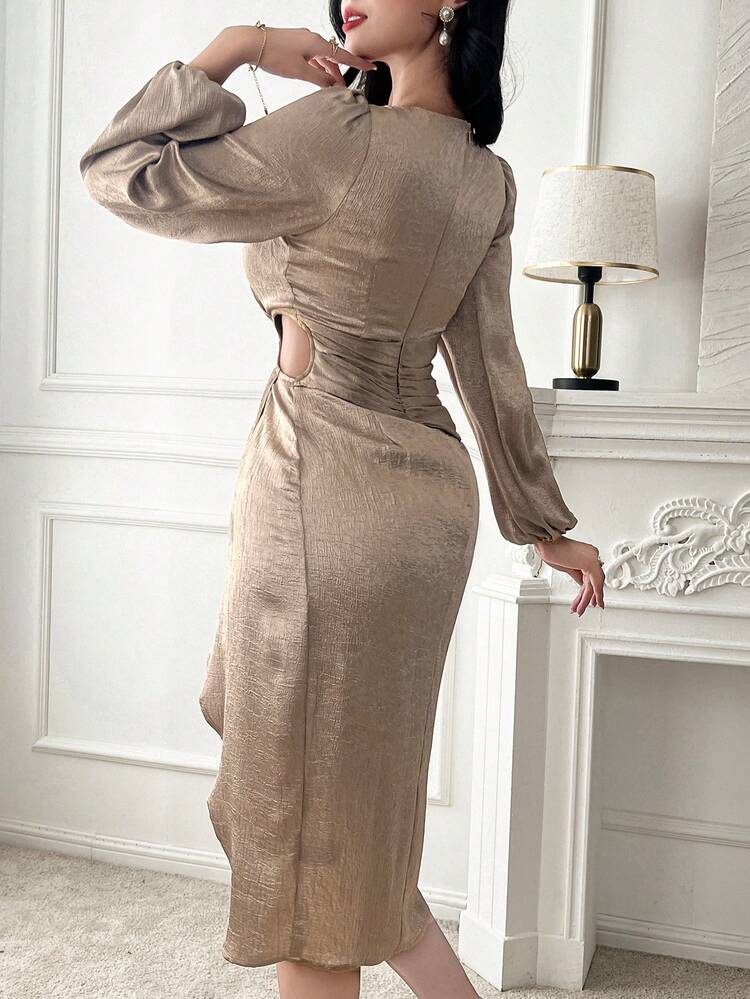 Plain Round Neck Shirred Slit Hollow Women Mid-Calf Dress Prom Dress,Fall Dress Long Sleeve Dress Elegant Women Dresses Maxi Dress