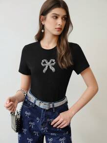 MOTF STUDIO RHINESTONE DETAIL BOW EMBROIDERY T-SHIRT,VALENTINE'S DAY,SPRING/SUMMER - Black - View 5