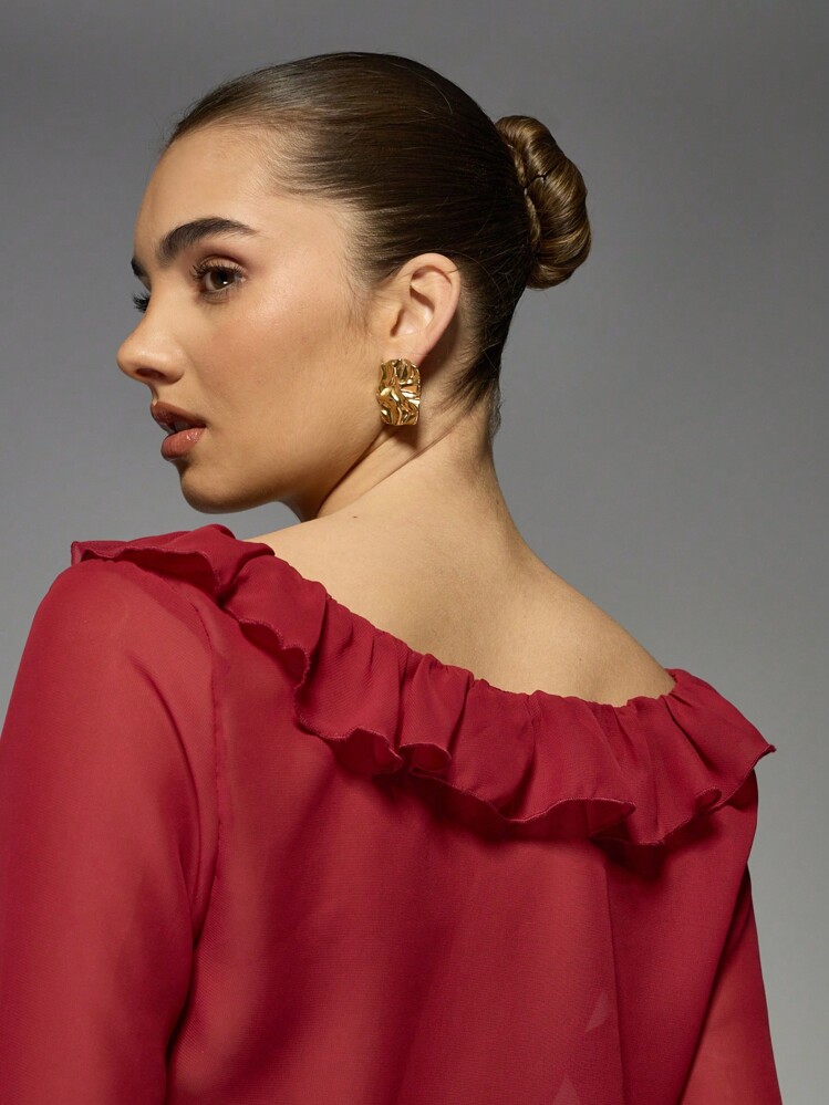 MISSGUIDED Ruffle Trim Sheer Crop Blouse With Front Tie Detail Long Sleeve Holiday Party Evening Top Lightweight Festival Spring Summer Christmas - Red - View 6