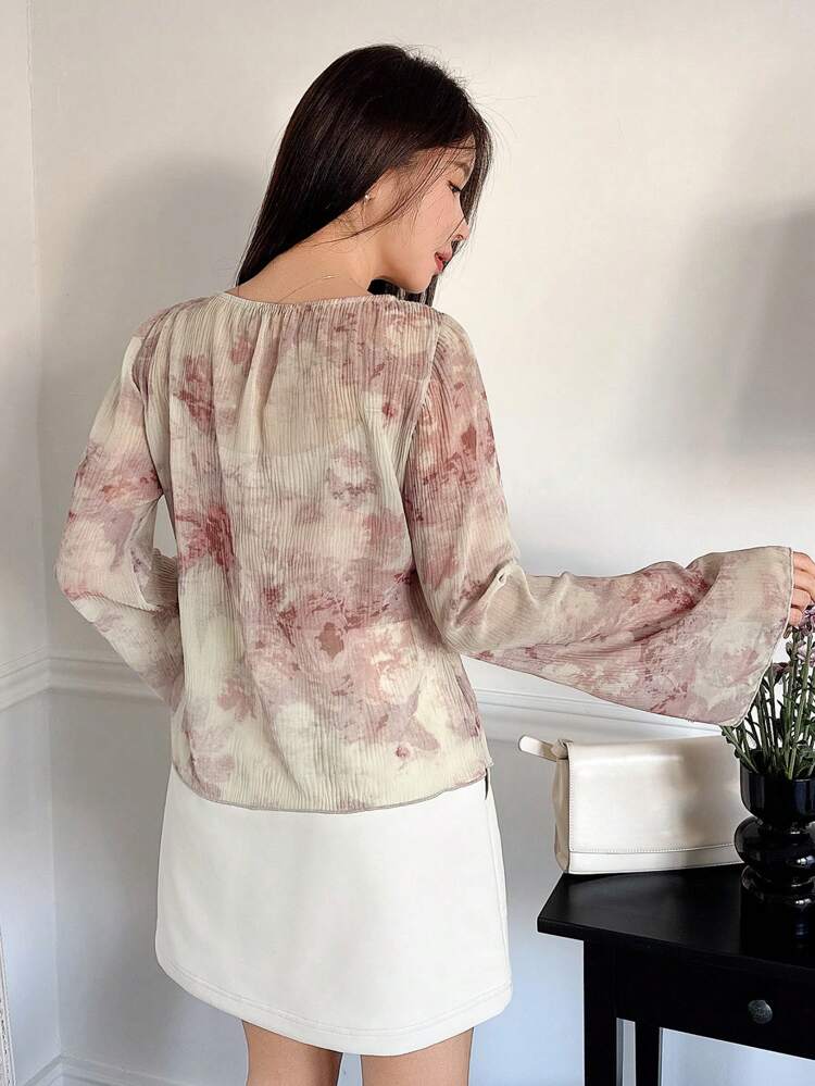 Women's Textured Floral Print Flare Sleeve Casual Blouse For Holiday, Spring & Summer Sheer Long Sleeve Top Easter
