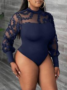 Slaydiva Contrast Mesh Lantern Sleeve Mock Neck Bodysuit - Navy Blue - View 4