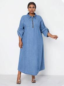 SHEIN Lady Plus Size Denim Dress Long Sleeve Loose Midi Dress Blue Long Dress Fairy Core Dress Fall Women Skirts Western Women Dresses Witch Dress Long Dress With Sleeves Light Blue Skirt Blue Homecoming Dress Long Fall Dress Robe - Medium Wash - View 1