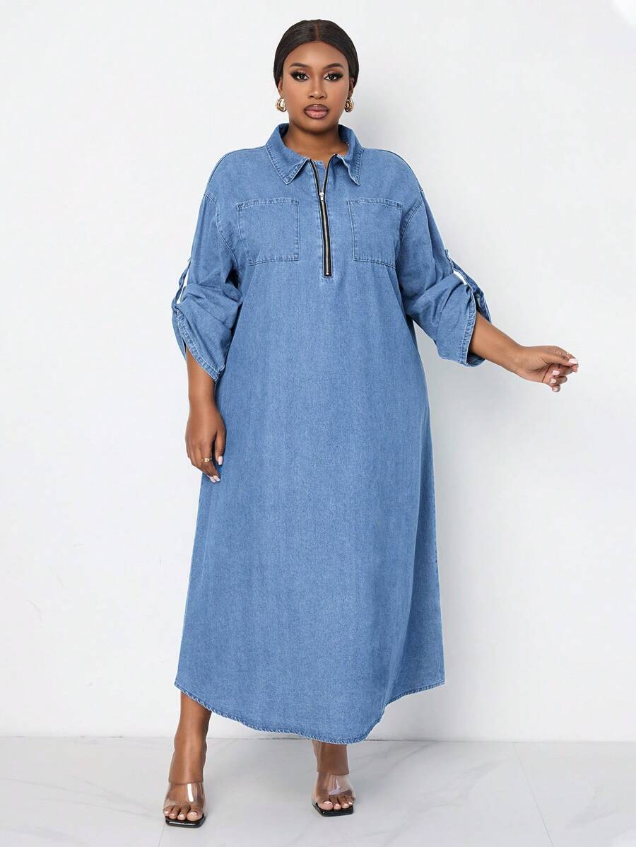 SHEIN Lady Plus Size Denim Dress Long Sleeve Loose Midi Dress Blue Long Dress Fairy Core Dress Fall Women Skirts Western Women Dresses Witch Dress Long Dress With Sleeves Light Blue Skirt Blue Homecoming Dress Long Fall Dress Robe - Medium Wash - View 1