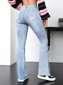 SHEIN PETITE Quần Jeans Denim Thường Ngày Có Túi Cài Nút Phía Trước Cho Nữ, Mặc Hàng Ngày - Rửa nhẹ - Xem 2