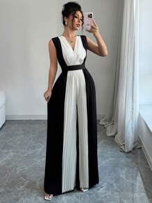 Elenzga Mono de pierna ancha con cintura ceñida y cuello en V fruncido para mujer, conjunto casual y elegante para viajes y la oficina