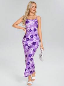 Wildy Elegante paarse bloemenprint mouwloze jurk voor dames, zomer