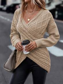 SHEIN Clasi 交叉麻花针织落肩不对称下摆套头毛衣秋冬款 - 卡其色 - 查看 3