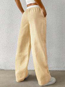 SHEIN EZwear Yellow Striped Women's Woven Casual Pants, Spring/Summer