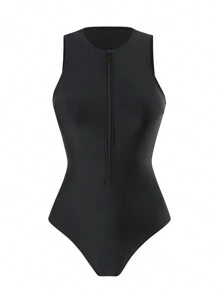 SHEIN Summer 1pc Women's Plain Zipper One Piece Swimsuit, Casual Beach Vacation - Black - View 3