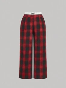 SHEIN MOD Pantalones rectos de talla grande con doble cintura a cuadros, estilo casual