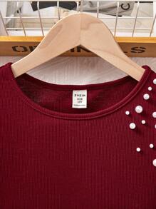 SHEIN Tween Girls Basic Solid Color Round Neck Short Sleeve Rhinestone Embellished Casual Top,Kids - Burgundy - View 3