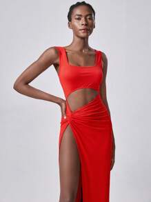 SHEIN Unity Women's Solid Color Square Neck Waist Cutout Side Slit Hem Sexy Dress - Red - View 5