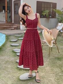 DAZY 女士两件套：镂空刺绣吊带背心和A字裙度假套装 - 紅色 - 查看 4
