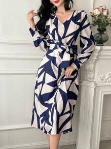 DAZY Geometric Pattern V-Neck Puff Sleeve Belted Midi Dress For Women,Casual Women Dresses,Fall Dress Long Sleeve Dress - Blue - View 6