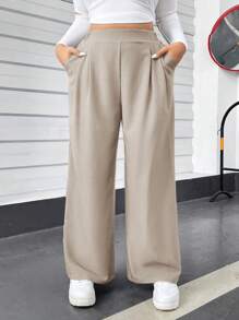 SHEIN Essnce Plus Size Women's Summer And Spring Casual Comfortable Loose Elastic Waist Light Apricot Color Basic Wide-Leg Pants,Springl Women Clothes,Homecoming,Old Money,Going Out Bottoms,Curv Pants,Women Outfits,Minimalist Clothes