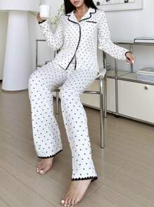 Snug Zone Sweet Heart Contrast Color Collar Ladies Pajama Set, Fall Winter Clothes - Grey - View 5