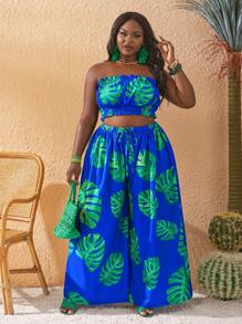 Slaydiva 女式大码荷叶边吊带上衣和纸袋腰阔腿裤印花 - 彩色 - 查看 4