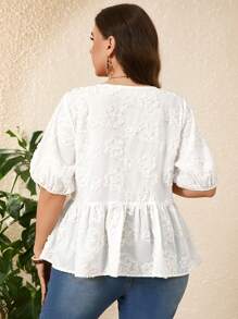 Plus Size Boho Women Floral Jacquard Short Puff Sleeve Ruffle Hem Blouse,Summer For Women,Vacation - Beige - View 2