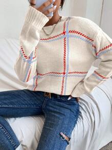 SHEIN LUNE Casual Drop Shoulder Contrast Color Plaid Sweater, Autumn/Winter