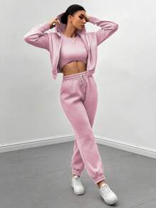 Glyssa 女士純色帽兜外套和束口長褲套裝 - 粉色 - 查看 4