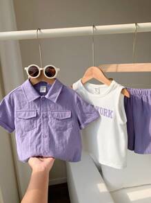 3pcs/Set Young Boy Solid Color Collar Short Sleeve Shirt, Letter Print Knit Soft Round Neck Tank Top And Elastic Waist Shorts - Purple - View 7