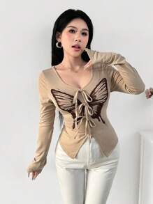 Modelyn 女士前系带长袖蝴蝶印花简约休闲上衣，日常穿着 - 卡其色 - 查看 5