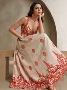 Anewsta Peylow Orange Contrast Print Dress, Sexy Bohemian Beach Dress For Women, Spring/Summer Outfits - Burnt Orange - View 1