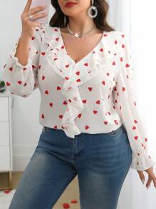 Flirla Blusa Plus Size Feminina Dia dos Namorados Romântico Coração Decote Em V Babados Manga Longa - Branco - Ver 5