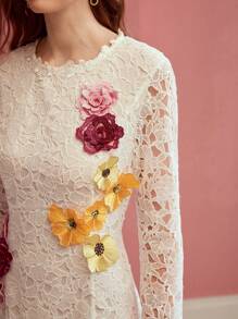 MOTF PREMIUM VESTIDO MIDI DE ENCAJE CON PARCHES FLORALES HECHO A MANO - Blanco - Ver 2