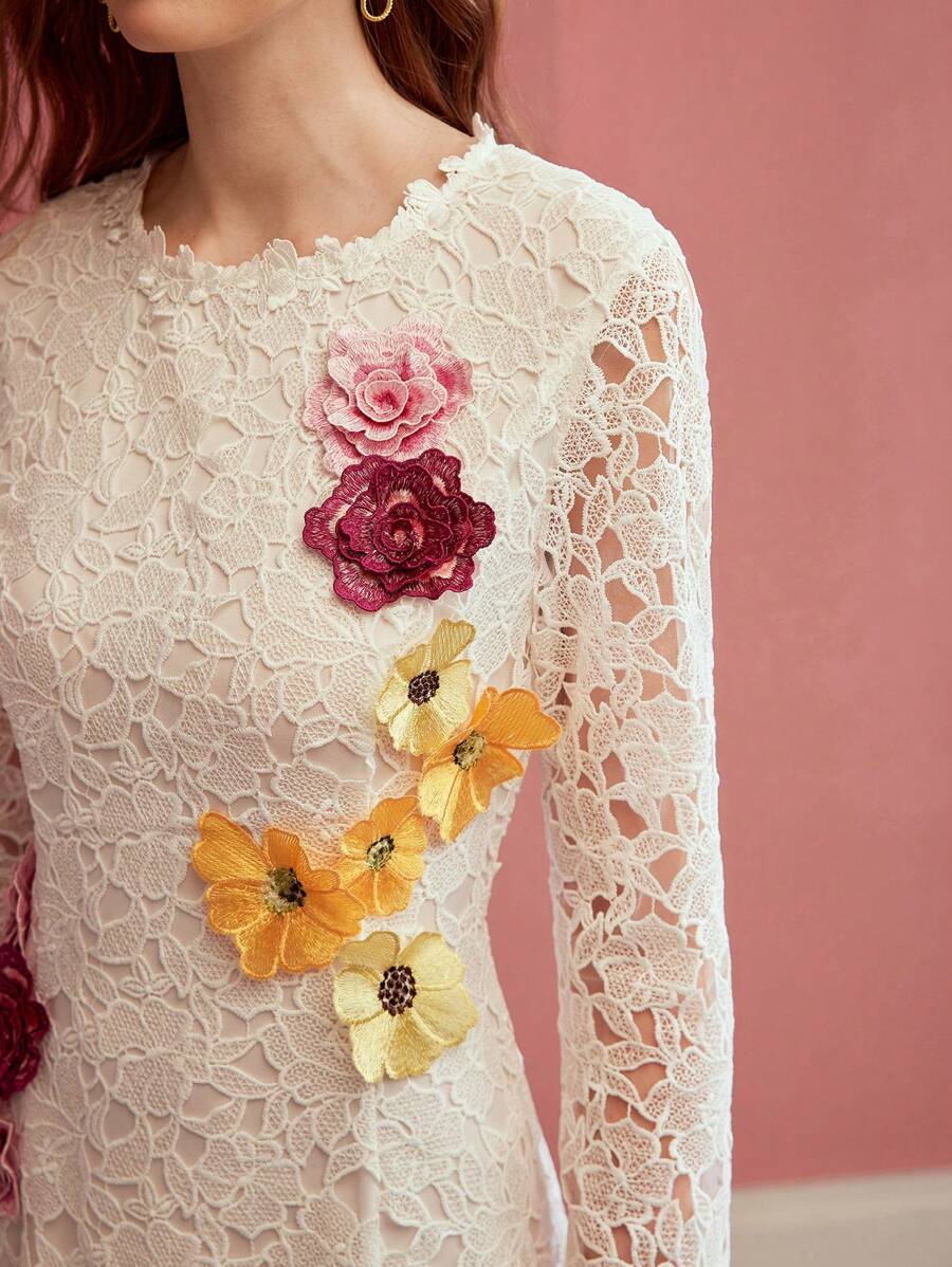 MOTF PREMIUM VESTIDO MIDI DE ENCAJE CON PARCHES FLORALES HECHO A MANO - Blanco - Ver 2