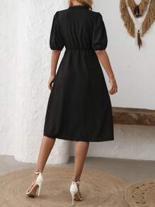 Vestido casual sencillo de mujer con abotonadura frontal de unicolor - Negro - Ver 2