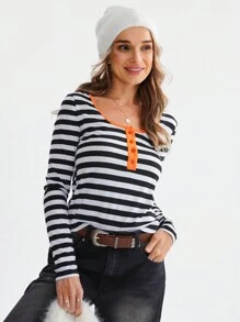 SHEIN LUNE 2024 Autumn Winter New Women Colorblock Striped Knit Top T-Shirt