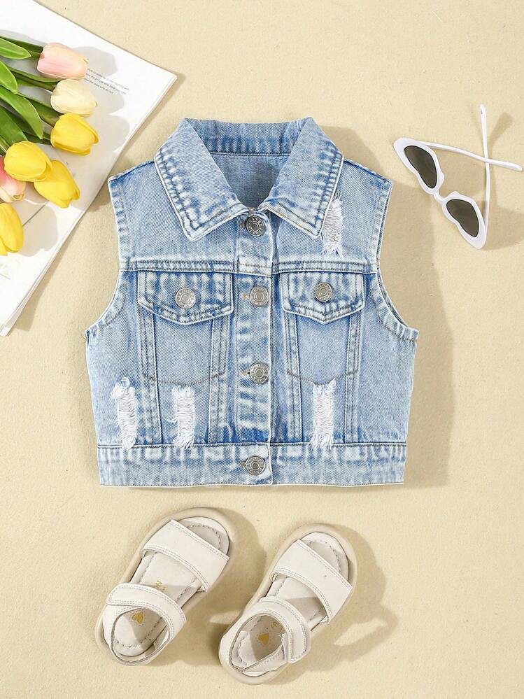 SHEIN Elladie kids Young Girl Personalized Versatile Comfortable Casual Street Fashion Soft Denim Jacket, Thin Style For Summer - Light Wash - View 1