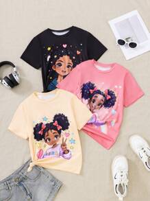 3pcs/Set Girls Summer Casual Round Neck Short Sleeve Printed Set - Pink - View 1